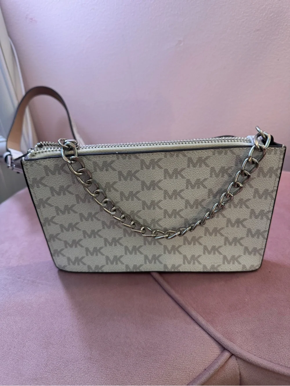 Michael Kors White Beige MK Logo Chain Crossbody